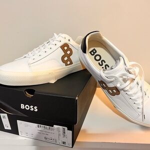 BOSS Men's White Sneakers with Brown Detailing